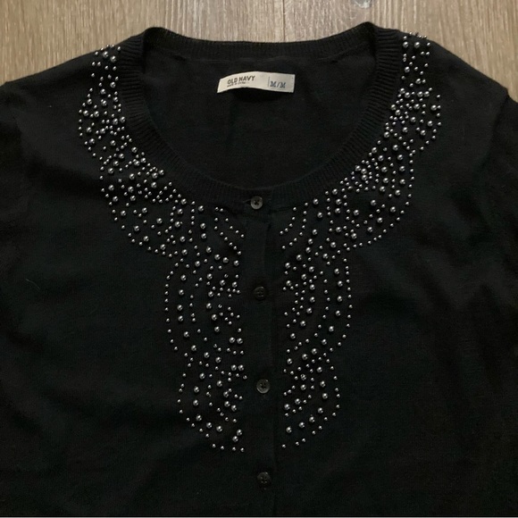 Old Navy Black Sweater with Beaded Detail Size Medium | Cardigan Preppy - Picture 6 of 14
